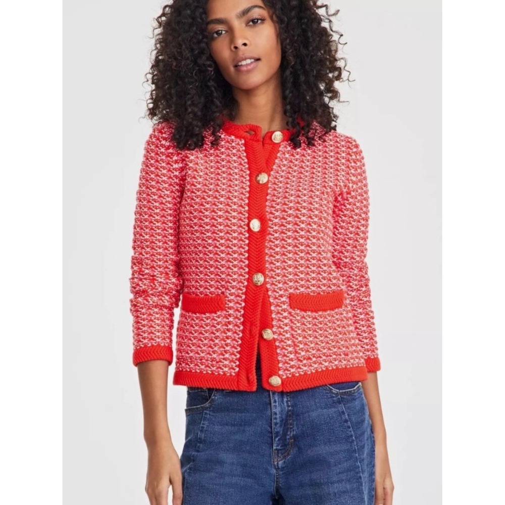 ON 34th Red Pink Textured Knit Cardigan Gold Crest Button Lady Jacket Small